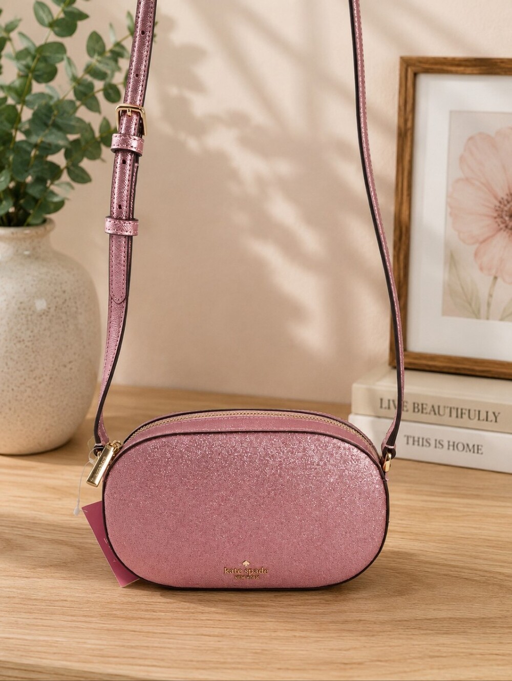 Kate Spade Glimmer Oval Camera Crossbody Mitten Pink Glitter NWT